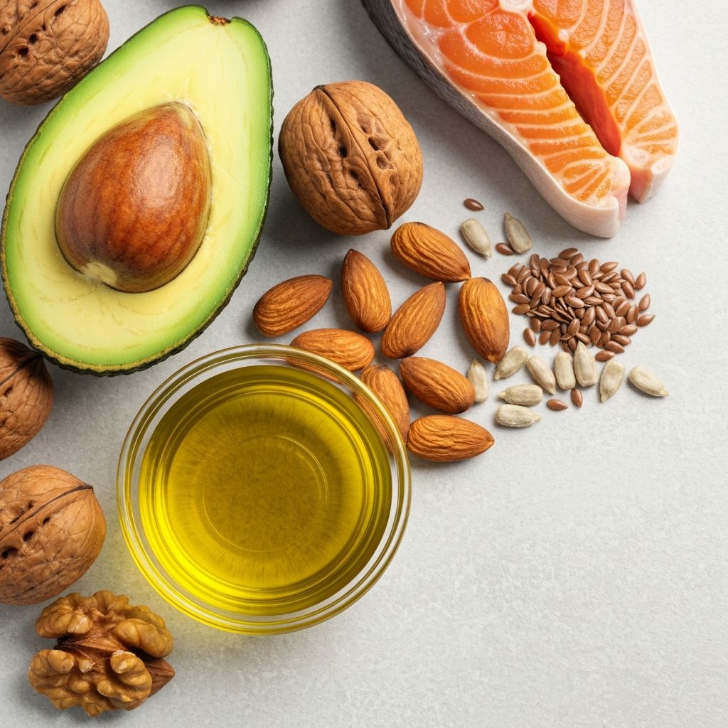 Healthy fat sources including avocado, nuts, and olive oil