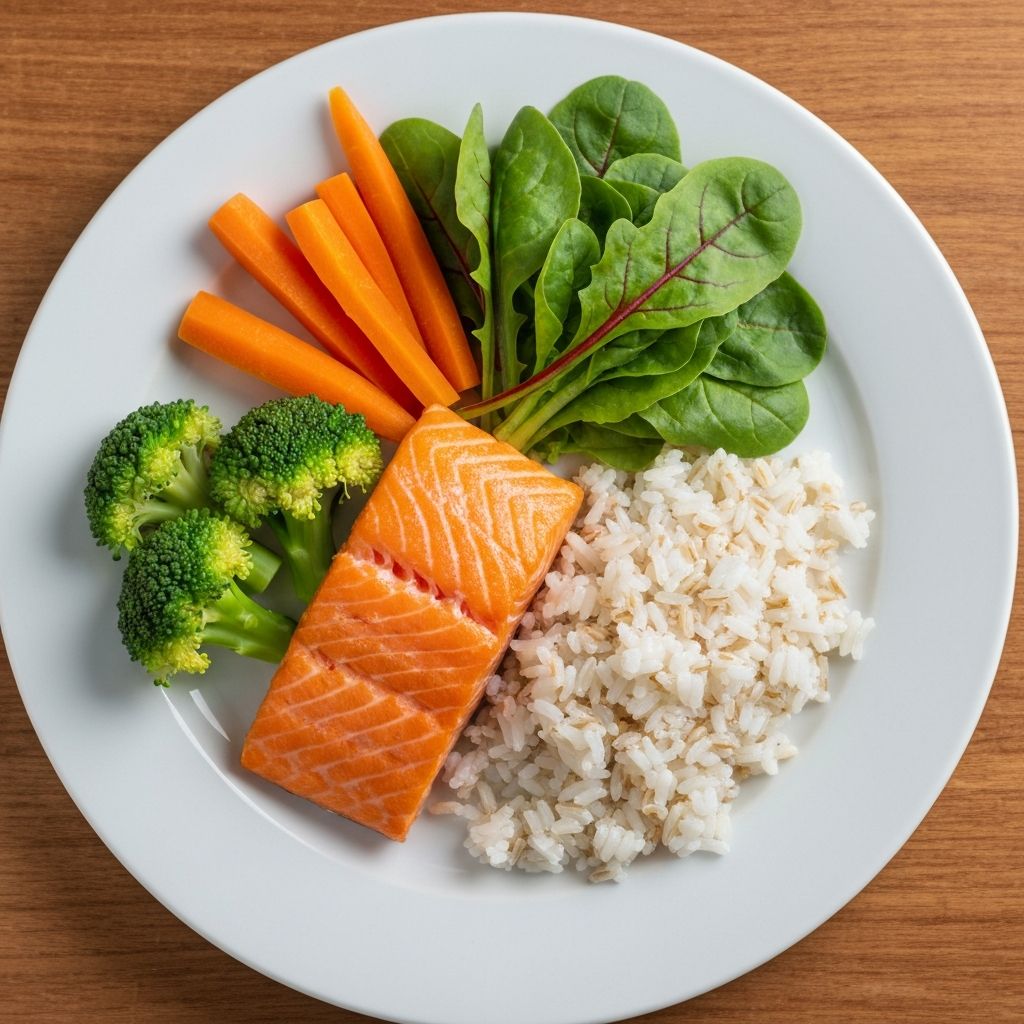 Balanced plate with vegetables, protein, and whole grains